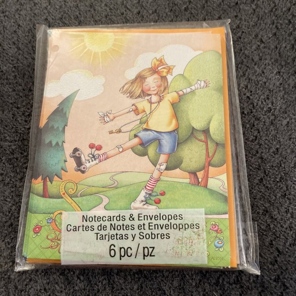 New Pack Of 6 Mary Engelbreit Gift Cards Notes Girl Roller Skating J15
